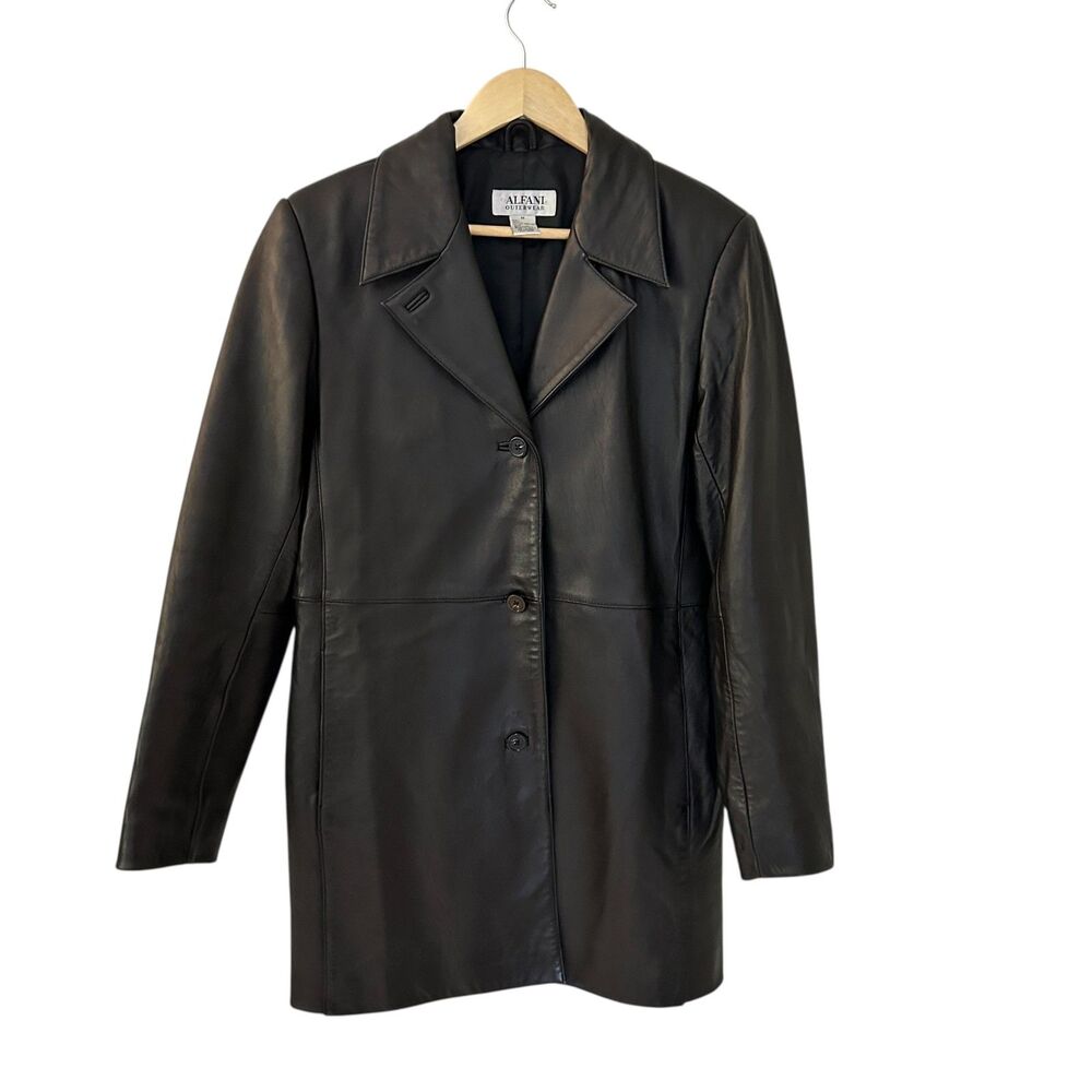Alfani Outerwear Black Genuine Leather Car Coat Jacket Womens‎ Medium 3 Button